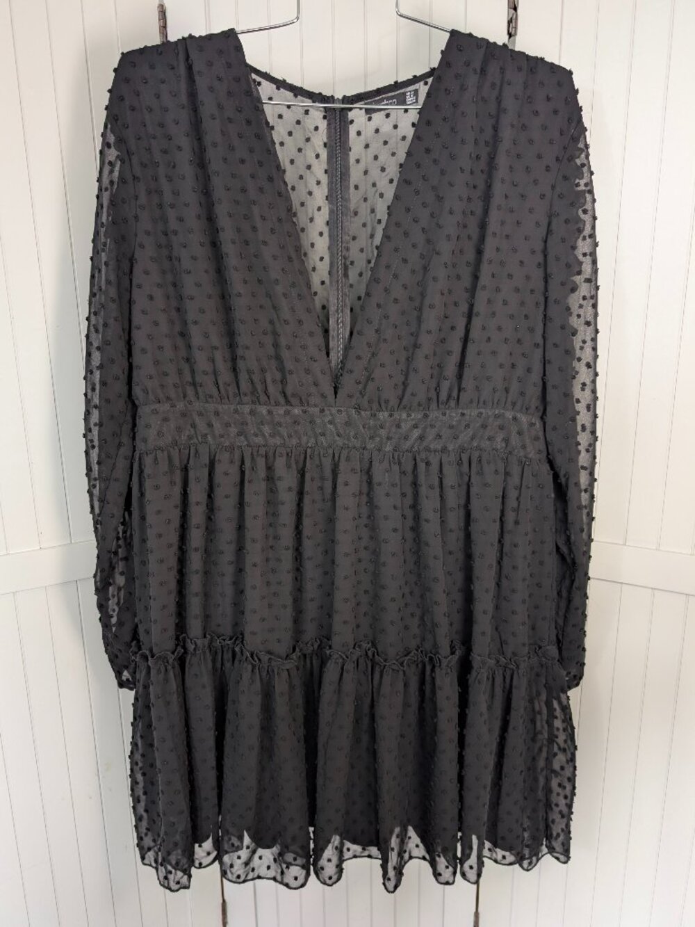 Boohoo Black Swiss Dot Tiered Mini Dress Sheer Long Sleeve Size 16